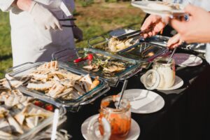 Catering banquet table at the reception.