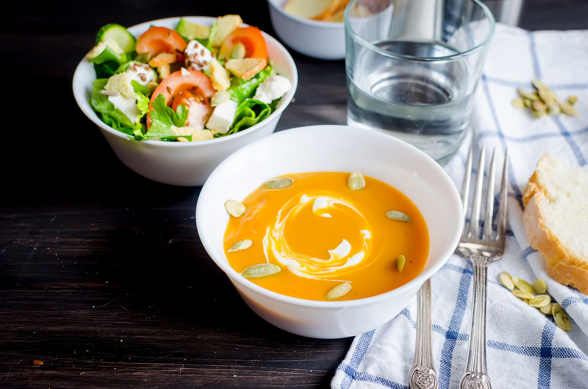 serving for lunch, pumpkin soup and green salad